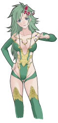 Rule 34 | 1990s (style), 1girl, bad id, bad pixiv id, bare shoulders, breasts, cleavage, collarbone, detached sleeves, female focus, final fantasy, final fantasy iv, final fantasy iv: the after years, green eyes, green hair, groin, hand on own hip, jewelry, leotard, long hair, long sleeves, looking at viewer, matching hair/eyes, necklace, parted lips, retro artstyle, revealing clothes, rydia (adult) (ff4), rydia (ff4), shiwasu, simple background, solo, standing, thighhighs, white background