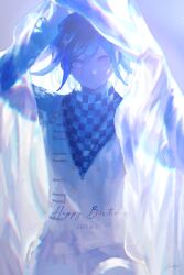 1boy absurdres auni blue_theme checkered_clothes checkered_scarf closed_mouth commentary danganronpa_(series) danganronpa_v3:_killing_harmony dated english_commentary english_text hair_between_eyes happy_birthday highres long_sleeves looking_at_viewer male_focus oma_kokichi pants purple_eyes scarf signature simple_background solo straitjacket under_covers upper_body