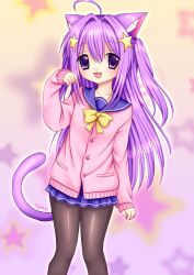 Rule 34 | 1girl, 2000s (style), absurdres, ahoge, animal ears, cat ears, cat girl, cat tail, hair ornament, highres, kigidere, long hair, long sleeves, looking at viewer, open mouth, original, pantyhose, purple hair, shirt, simple background, skirt, smile, solo, tail