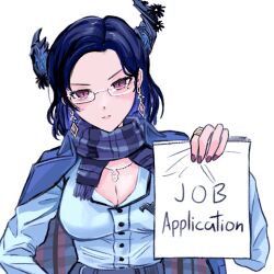 1girl asymmetrical_horns black_hair black_horns black_scarf blue_coat blue_hair breasts cleavage closed_mouth coat coat_on_shoulders colored_inner_hair commentary earrings english_commentary glasses hanaswing highres hololive hololive_english horns jewelry job_application_form_(meme) looking_at_viewer medium_hair meme mole mole_under_eye multicolored_hair necklace nerissa_ravencroft nerissa_ravencroft_(casual) office_lady official_alternate_costume official_alternate_hairstyle pink_eyes plaid_clothes plaid_scarf scarf shirt simple_background slit_pupils solo virtual_youtuber white_background white_shirt