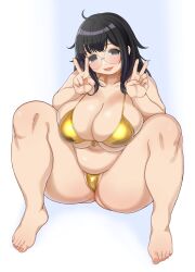 1girl absurdres belly bikini black_hair blue_eyes blush breasts cleavage double_v empty_eyes front-tie_bikini_top front-tie_top glasses gluteal_fold gold_bikini highres huge_breasts knees_up large_breasts long_hair messy_hair morisoba_(silent_hill) navel open_mouth original plump round_eyewear sitting smile solo spread_legs sweat swimsuit thick_thighs thighs v white_background