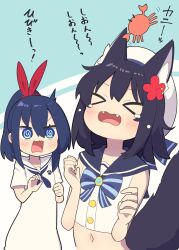 &gt;_&lt; 2girls @_@ animal animal_ear_fluff animal_ears bare_arms beret black_hair black_sailor_collar blue_background blue_eyes blue_hair blush bow closed_eyes collarbone commentary_request crab crop_top dress fangs flower fox_ears fox_girl fox_tail hair_between_eyes hair_flower hair_ornament hands_up hat highres multiple_girls navel open_mouth original red_flower sailor_collar sailor_dress saisoku_no_yukkuri shirt short_sleeves sleeveless sleeveless_shirt striped_bow tail tears translation_request two-tone_background v-shaped_eyebrows wavy_mouth white_background white_dress white_hat white_sailor_collar