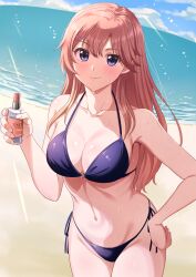 absurdres beach bikini blue_sky breasts brown_hair cleavage cloud commission day gakuen_de_jikan_yo_tomare hand_in_pocket highres holding horizon large_breasts long_hair lotion ocean outdoors pixiv_commission purple_bikini purple_eyes side-tie_bikini_bottom sky sunscreen swimsuit tachibana_kanako takatsuki_p