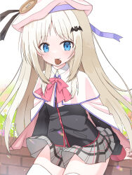 Rule 34 | 1girl, against wall, arm support, bat hair ornament, beret, black jacket, blonde hair, blue eyes, bow, bowtie, candy, cape, chocolate, chocolate heart, closed mouth, cowboy shot, dot nose, fang, food, grey skirt, hair ornament, haruchimo, hat, heart, heart-shaped food, highres, jacket, little busters!, long hair, long sleeves, looking at viewer, mouth hold, noumi kudryavka, outdoors, pink bow, pink bowtie, plaid clothes, plaid skirt, skirt, smile, solo, thighhighs, very long hair, white cape, white hat, white thighhighs, zettai ryouiki