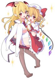 2girls :d absurdres ascot barefoot bat_wings black_pantyhose blonde_hair blush bow carrying commission crystal crystal_wings fang flandre_scarlet frills full_body granblue_fantasy hair_between_eyes hat highres long_hair looking_at_viewer masakamea mob_cap multiple_girls one_side_up open_mouth pantyhose pixiv_commission pointy_ears princess_carry puffy_short_sleeves puffy_sleeves red_eyes red_skirt ribbon shirt short_sleeves side_ponytail simple_background skirt smile thighhighs touhou vampy white_background white_shirt white_thighhighs wings