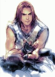 1boy black_gloves curtained_hair dobok fingerless_gloves gloves hwoarang_(tekken) kawano_takuji leaning_forward male_focus mma_gloves motor_vehicle motorcycle official_art on_motorcycle orange_hair outstretched_hand simple_background solo tekken tekken_4 upper_body white_background