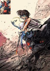 1girl arm_cannon black_hair blue_gloves braid breasts cable centaur commentary damaged decepticon dust english_commentary from_side gloves highres kotobukiya_bishoujo mechanical_wings medium_breasts monster_girl monsterification necktie nuo_mi_anica open_hand open_mouth red_eyes red_lips red_vest reference_inset scene_reference shirt short_hair solo starscream starscream_(kotobukiya_bishoujo) taur transformers transformers_(skybound) vest weapon white_shirt wings yellow_necktie