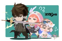 Rule 34 | &gt; &lt;, 01 (zeroichi srl), 1boy, 2girls, :&lt;, atelier (series), atelier totori, black dress, black footwear, black pants, blue background, border, brown eyes, brown hair, chibi, chibi only, closed eyes, dated, dress, flying sweatdrops, full body, hat, holding, holding sword, holding weapon, jacket, lightning, long hair, long sleeves, multiple girls, no lineart, pants, pink hat, rorolina frixell, short hair, staff, standing, sterkenburg cranach, sword, totooria helmold, weapon, white border