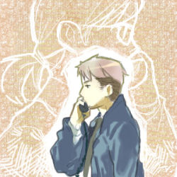 1boy 1girl cing formal_clothes glasses hotel_dusk kyle_hyde lowres necktie phone ponytail rachel_(hotel_dusk) short_hair silver_hair sketch suit