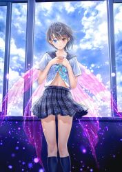 1girl absurdres blue_eyes blue_reflection_(series) blue_reflection_maboroshi_ni_mau_shoujo_no_ken blue_socks bow bowtie bra breasts brown_eyes collarbone day heterochromia highres hoshinomiya_girls&#039;_high_school_uniform indoors jewelry kishida_mel looking_at_viewer navel official_art pleated_skirt ring school_uniform see-through_clothes serafuku shirai_hinako short_hair skirt sky small_breasts socks solo underwear undressing window