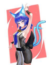 Rule 34 | 1girl, alternate costume, animal ears, armpits, blue eyes, blue hair, blue nails, blush, breasts, cat ears, cat girl, cat tail, closed mouth, duel monster, highres, japanese clothes, medium breasts, nail polish, ni-ni the mirror mikanko, nontraditional miko, official alternate costume, presenting armpit, sideboob, solo, sweat, tail, triangle del, twintails, wristband, yu-gi-oh!