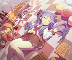 1girl absurdres artist_name black_ribbon black_sailor_collar black_skirt blue_hair cake cherry closed_eyes collarbone dated food fruit fuin_(artist) hair_ribbon highres hiiragi_kagami knees_together_feet_apart long_hair long_sleeves lucky_star lying macaron neckerchief on_back oversized_food oversized_object pleated_skirt pocky red_neckerchief ribbon sailor_collar school_uniform serafuku shirt signature skirt sleeping solo strawberry thighs tile_floor tiles twintails waffle white_shirt