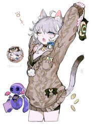 1girl ahoge animal_ear_fluff animal_ears blue_eyes breasts brown_sweater cat_ears cat_girl cat_tail cipher_(honkai:_star_rail) cleavage coin crescent crescent_necklace cropped_legs fang gold_coin grey_hair highres holding holding_mask honkai:_star_rail honkai_(series) jewelry mask medium_breasts necklace official_art_inset one_eye_closed open_mouth reference_inset shima_(vivi_do) short_hair_with_long_locks simple_background skin_fang sleep_mask stretching sweater tail twitter_username waking_up white_background