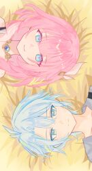 1boy 1girl ahoge bare_shoulders blue_eyes commentary_request cyrene_(honkai:_star_rail) hair_ornament highres honkai:_star_rail honkai_(series) jewelry lying medium_hair mixed-language_commentary multicolored_hair necklace on_back phainon_(honkai:_star_rail) pink_hair pink_pupils purple_shirt shirt short_hair smile starrenweihuahuahennan two-tone_hair white_hair