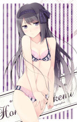 Rule 34 | 10s, 1girl, akemi homura, artist name, ayase (ayasegiken), black bra, black hair, black panties, blush, bow, bra, breasts, character name, cleavage, clenched hand, cowboy shot, crossed legs, embarrassed, female focus, gradient hair, hair bow, hair ornament, hairband, heart, lace, lace-trimmed bra, lace-trimmed panties, lace trim, lingerie, long hair, looking at viewer, mahou shoujo madoka magica, mahou shoujo madoka magica (anime), multicolored hair, navel, panties, polka dot, polka dot bra, polka dot panties, purple eyes, skindentation, small breasts, solo, standing, striped background, striped bra, striped clothes, striped panties, underwear, underwear only, very long hair, white bra, white panties, wide hips