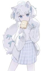 1girl animal_ears bandaid bandaid_hair_ornament blue_eyes blue_halo blue_ribbon blunt_bangs bread bread_slice butter cardigan cowboy_shot food food_in_mouth food_on_face fox_ears fox_girl fox_tail hair_ornament hair_ribbon hairclip halo highres long_sleeves looking_at_viewer mouth_hold neck_ribbon open_cardigan open_clothes original plaid_clothes plaid_skirt ribbon rin_awashina shirt short_hair simple_background skirt sleeves_past_fingers sleeves_past_wrists solo tail tail_ornament tail_ribbon toast toast_in_mouth two_side_up white_background white_cardigan white_ribbon white_shirt white_skirt white_theme