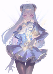 1girl bow brown_pantyhose capcom_fighting_jam gloves hairpods highres ingrid_(capcom) long_hair magic miniskirt pantyhose purple_skirt red_eyes skirt smile solo talgi white_bow white_gloves white_hair