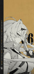 1girl absurdres breasts calendar_(medium) copyright_logo dated expressionless fingerless_gloves from_side gloves grey_hair greyscale highres holding jacket large_breasts logo long_hair monochrome official_art open_clothes open_jacket orange_background profile simple_background solo upper_body yi_xuan_(zenless_zone_zero) zenless_zone_zero