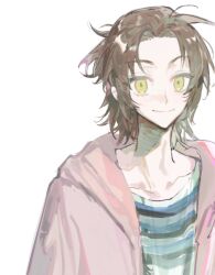 1boy brown_hair collarbone jacket long_sleeves looking_at_viewer male_focus open_clothes original parted_bangs pink_jacket qyzhiaiyisheng shirt short_hair simple_background smile solo striped_clothes striped_shirt upper_body