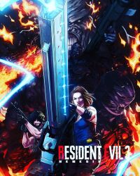 Rule 34 | 1girl, 2boys, assault rifle, black gloves, black hair, blue electricity, blue shirt, brown hair, carlos oliveira, copyright name, electricity, energy, ferromagnetic infantry-use next generation railgun, fire, gloves, gun, highres, holding, holding gun, holding weapon, jill valentine, long vo, m4 carbine, magnetic weapon, multiple boys, nemesis (resident evil), railgun, remake, resident evil, resident evil 3: nemesis, resident evil 3 (remake), rifle, rocket launcher, shirt, weapon