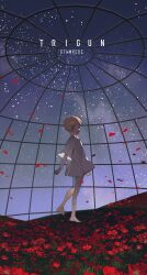 1boy ^_^ absurdres aged_down arms_at_sides barefoot blonde_hair blue_eyes body_markings child citronplanet closed_eyes copyright_name diagonal_bangs english_text field flower flower_field highres indoors laughing male_focus night night_sky open_mouth petals red_flower robe short_hair short_sleeves sky solo standing standing_on_one_leg star_(sky) starry_sky trigun trigun_stampede vash_the_stampede