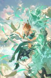 1girl absurdres bare_shoulders bird bird_on_hand book ciaccona_(wuthering_waves) commentary dress frilled_wrist_cuffs frills full_body green_eyes green_jacket hayashikana highres holding holding_pen jacket looking_at_animal multiple_persona open_book outdoors pen pointy_ears red_hair sitting smile symbol-only_commentary thighs tree_horns white_bird white_dress white_wrist_cuffs wrist_cuffs wuthering_waves