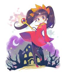 1girl absurdres ascot ashley_(warioware) black_hair blush crescent_moon dot_nose dress frown full_body highres jewelry long_hair looking_at_viewer mansion moon necklace night nintendo outdoors pantyhose red_eyes short_dress skull_necklace solo tree twintails wand warioware wide-eyed