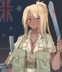 1girl absurdres ammunition_pouch artist_name australian_flag belt blonde_hair blood bloody_weapon breasts brown_shirt cleavage commentary dark_skin dog_tags flag_background green_belt gun_sling highres holding_machete leochan1202 long_hair looking_at_viewer military military_uniform open_mouth original owen_gun ponytail pouch red_eyes shirt sleeves_rolled_up solo upper_body weapon world_war_ii