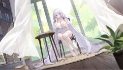 1girl absurdly_long_hair ahoge apron areola_slip artist_request azur_lane bare_shoulders blue_eyes blue_ribbon blush book bookshelf breasts cake carpet chair character_request cleavage closed_mouth collarbone cup curtains day dutch_angle feet food frilled_apron frills fruit full_body hair_ornament hair_ribbon highres holding holding_food illustrious_(azur_lane) incoming_food indoors jewelry large_breasts legs long_hair looking_at_viewer low_twintails maid_apron naked_apron no_shoes non-web_source official_alternate_costume official_art on_chair open_window plant potted_plant ribbon ring see-through_clothes sitting skindentation smile solo sunlight table teacup teapot thighhighs thighs tree twintails very_long_hair wedding_ring white_apron white_hair white_thighhighs wind window wooden_floor