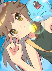 1girl absurdres bag blue_background brown_eyes brown_hair gen_1_pokemon green_(pokemon) highres nintendo on_shoulder pokemon pokemon_(creature) pokemon_lgpe pokemon_on_shoulder rasoso_(wyzx4524) shirt shoulder_bag sleeveless sleeveless_shirt squirtle v