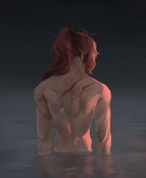 1boy back back_muscles commentary diluc_(genshin_impact) dimples_of_venus english_commentary from_behind genshin_impact highres long_hair male_focus nude partially_submerged paseravine ponytail red_hair ripples scar scar_on_back solo water
