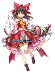 1girl adapted_costume ascot bell bow brown_eyes brown_hair brown_shoes closed_mouth commentary_request detached_sleeves eretto friend_characters frilled_bow frilled_hair_tubes frilled_sleeves frills full_body hair_bow hair_tubes hakurei_reimu holding jingle_bell kagura_suzu long_hair looking_at_viewer midriff navel ponytail red_bow red_skirt ribbon-trimmed_sleeves ribbon_trim sample_watermark shoes simple_background skirt skirt_set smile socks solo tachi-e touhou watermark white_background white_socks yellow_ascot