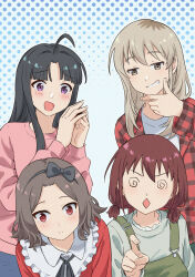 4girls :&lt; @_@ absurdres ahoge awa_subaru black_bow black_hair blue_background blush bow brown_hair commentary ebizuka_tomo english_commentary girls_band_cry green_overalls grey_eyes grey_hair grey_sweater hair_bow hair_intakes highres iseri_nina jacket kawaragi_momoka long_hair long_sleeves low_twintails multicolored_hair multiple_girls open_mouth overalls pink_shirt plaid_clothes plaid_jacket polka_dot polka_dot_background red_eyes red_jacket roots_(hair) shirt short_hair short_twintails sidelocks summer_left sweater twintails white_shirt
