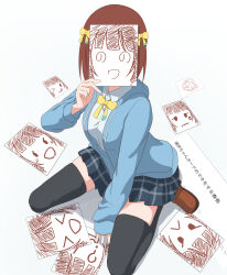 Rule 34 | 1girl, absurdres, amami haruka, black thighhighs, blue jacket, bow, bowtie, brown hair, brown shoes, commentary request, commission, cosplay, drawing (object), hair bow, highres, holding, holding paper, hood, hooded jacket, idolmaster, idolmaster (classic), jacket, kneeling, love live!, love live! nijigasaki high school idol club, nijigasaki school uniform, nonowa, odaibako, paper, plaid clothes, plaid skirt, pleated skirt, request inset, ruby dosanko, school uniform, shirt, shoes, short hair, skirt, solo, tennoji rina, tennoji rina (cosplay), thighhighs, translation request, white shirt, yellow bow, yellow bowtie