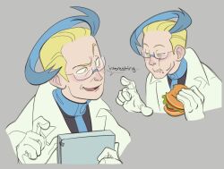 1boy :t black_jacket blonde_hair blue_hair burger closed_mouth coat colress_(pokemon) commentary english_text food food_on_face glasses gloves grey_background hands_up highres holding holding_food jacket lynn_(daisiloou) male_focus multicolored_hair nintendo pokemon pokemon_bw2 speech_bubble two-tone_hair white_coat white_gloves yellow_eyes