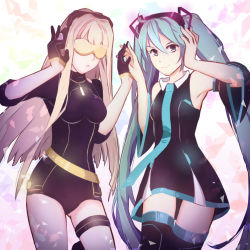 2girls aqua_eyes aqua_hair bad_id bad_pixiv_id black_dress black_gloves blonde_hair chestnut_mouth chorvaqueen cyber_diva dress gloves half_gloves hatsune_miku highres leotard long_hair multiple_girls necktie sleeveless sleeveless_dress smile sunglasses thigh_strap twintails unitard vocaloid