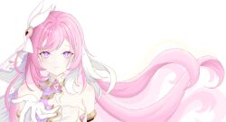 Rule 34 | 1girl, breasts, chinese commentary, commentary request, corset, daizhuosansui, diamond-shaped pupils, diamond (shape), elf, elysia (herrscher of human: ego) (honkai impact), elysia (honkai impact), gloves, highres, honkai (series), honkai impact 3rd, long hair, looking at viewer, medium breasts, pink hair, pointy ears, purple eyes, reaching, reaching towards viewer, simple background, solo, symbol-shaped pupils, triquetra, upper body, veil, very long hair, white background, white corset, white gloves, white veil