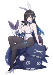 1girl :d absurdres animal_ears arm_support bare_shoulders black_hair black_pantyhose blue_hair blush bow braid breasts cetacean_tail choker cleavage controller criss-cross_halter earrings fake_animal_ears fang fins fish_tail full_body game_controller hair_ornament hair_ribbon half_up_braid halterneck high_heels highres indie_virtual_youtuber jewelry large_breasts leotard long_hair looking_at_viewer mascot mole mole_under_eye multicolored_hair open_mouth pantyhose pizzasi playboy_bunny rabbit_ears ribbon shoes sitting smile solo tail thigh_strap virtual_youtuber white_leotard white_shoes yellow_eyes yona_(iotayona)