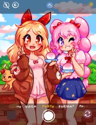 2girls artist_name blonde_hair bow breasts brown_hair brown_jacket cloud collared_shirt commentary cudlil_(character) cup dress english_commentary fake_screenshot food fox fruit hair_bow hair_ribbon highres holding holding_cup jacket latteswiirl long_hair looking_at_viewer multi-tied_hair multiple_girls off_shoulder one_eye_closed original pink_dress pink_hair pink_shirt purple_hair red_bow red_ribbon ribbon shirt sky small_breasts smile strawberry twintails v very_long_hair