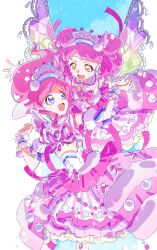2girls :d blue_eyes detached_sleeves double_bun dress dress_ribbon fake_wings floating_hair frilled_cuffs hair_bun hands_up highres holding_hands idol idol_clothes kiracchu_(pri_chan) kiratto_pri_chan long_hair looking_at_another looking_back medium_hair momoyama_mirai multiple_girls open_mouth pink_dress pink_hair pink_ribbon ponytail pretty_series puffy_short_sleeves puffy_sleeves ribbon short_sleeves sleeveless sleeveless_dress smile wavy_sidelocks white_sleeves white_wrist_cuffs wings wrist_cuffs yadehi yellow_eyes