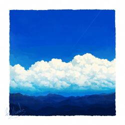 Rule 34 | alu.m (alpcmas), blue sky, border, cloud, cloudy sky, commentary request, contrail, highres, mountain, no humans, original, signature, sky, sky focus, white border