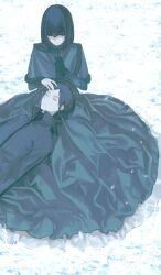1boy 1girl absurdres apron black_capelet black_dress black_eyes black_gloves black_hair black_jacket breasts brown_hair capelet clenched_hands closed_eyes closed_mouth couple dress forehead frilled_apron frills full_body fur-trimmed_capelet fur_trim gloves hair_between_eyes hand_on_another&#039;s_head hand_on_own_chest hetero highres jacket kuonji_alice lap_pillow long_sleeves looking_at_another lying lying_on_lap lying_on_person mahou_tsukai_no_yoru outdoors parted_bangs shirt shizuki_soujuurou short_hair sitting skirt snow snowing type-moon type-moon_heroines winter yuishironeko