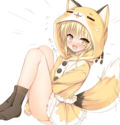 1girl animal_hood black_socks blonde_hair blush drooling fang flying_sweatdrops fox_girl fox_tail frilled_skirt frills hood hoodie huei_nazuki knees_up long_hair looking_at_viewer miniskirt nose_blush open_mouth original simple_background sitting skirt smile socks solo star-shaped_pupils star_(symbol) symbol-shaped_pupils tail tail_wagging thighs v_arms white_background yellow_eyes yellow_hoodie yellow_skirt