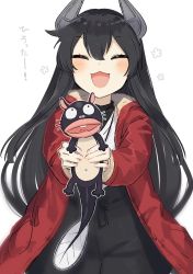 1girl :3 black_hair black_pants boots brown_footwear coat commentary_request cowboy_shot crossover eel closed_eyes hair_ribbon headgear i-47_(kancolle) kantai_collection long_hair low-tied_long_hair official_alternate_costume pants red_coat ribbon sidelocks simple_background tensai_bakabon translation_request tress_ribbon unagi_inu white_background yamashichi_(mtseven)