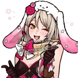 1girl animal_hat blonde_hair braid braided_ponytail breasts brown_gloves commission easter expressive_clothes eyeshadow fire_emblem fire_emblem_engage fire_emblem_heroes framme_(fire_emblem) framme_(spring)_(fire_emblem) gloves hair_over_shoulder hat highres looking_at_viewer makeup merylemons nintendo official_alternate_costume open_mouth pink_eyeshadow pink_hair polka_dot polka_dot_scarf rabbit_hat scarf small_breasts solo yellow_eyes yellow_scarf