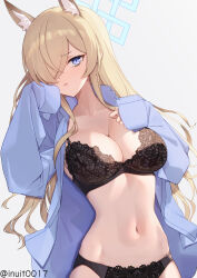 1girl absurdres animal_ear_fluff animal_ears black_bra black_panties blonde_hair blue_archive blue_eyes blue_shirt bra breasts cleavage collarbone hair_over_one_eye halo hands_up highres inui_kentarou kanna_(blue_archive) large_breasts long_hair looking_at_viewer navel panties shirt simple_background sleeves_past_wrists solo stomach underwear very_long_hair wavy_hair