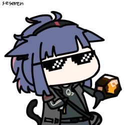 1girl animal_ears animated arknights artist_name blue_hair cat_ears cat_tail deal_with_it_(meme) giving holding jacket jessica_(arknights) long_sleeves lowres meme originium_(arknights) seseren simple_background solo sunglasses tail ugoira upper_body white_background