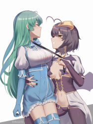 2girls absurdres ahoge black_hair blue_bow blue_bowtie bow bowtie breasts closed_eyes commentary corset cross cross_facial_mark english_commentary facial_mark forward-facing_horns gloves green_hair hand_on_another&#039;s_waist heart-shaped_gem highres hiiragi_utena horns large_breasts leash leash_pull linhcoris long_hair looking_at_another magia_azure magia_baiser magical_girl mahou_shoujo_ni_akogarete minakami_sayo multiple_girls navel pants pasties purple_corset purple_pasties revealing_clothes short_hair simple_background sitting sitting_on_person sitting_on_thigh smile star_(symbol) star_pasties suspenders symbol-shaped_pupils wings yellow_eyes yuri
