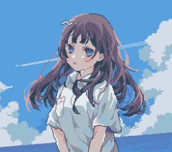 1girl asleep_onthebed blue_eyes blush brown_hair cloud cloudy_sky contrail dutch_angle hair_flowing_over long_hair looking_at_viewer ocean original pixel_art shirt sky solo white_shirt wind