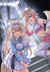 Rule 34 | 2girls, :d, absurdres, aguringo, animal ear fluff, animal ears, bandaid, bandaid hair ornament, blonde hair, blue eyes, blue hair, blue hairband, breasts, dog ears, dog girl, dog tail, fluffy, fuwawa abyssgard, hair ornament, hairband, highres, hololive, hololive english, hololive idol uniform (color rise), horn hairband, large breasts, long hair, long sleeves, looking at viewer, midriff, mococo abyssgard, multiple girls, official alternate costume, one eye closed, open mouth, pants, pink eyes, pink hair, pink hairband, short hair, siblings, sisters, skirt, small breasts, smile, tail, twins, virtual youtuber, white pants, white skirt, x hair ornament